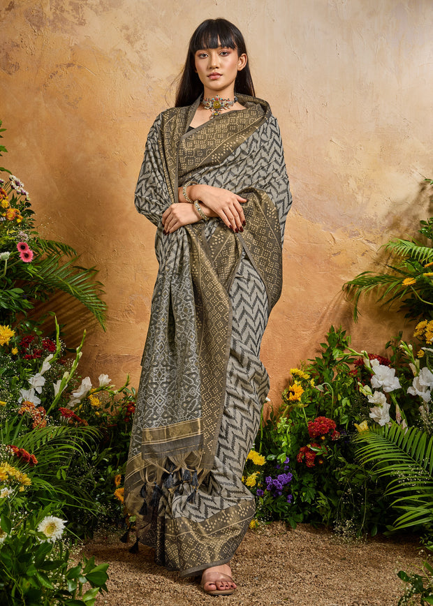 Fossil Grey Printed Patola Silk Saree