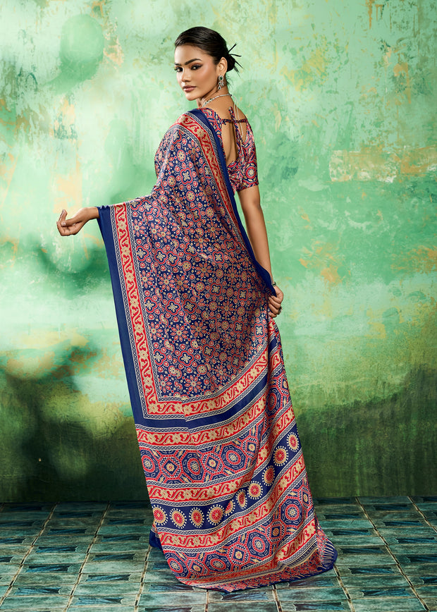 Blue Printed Satin Silk Saree
