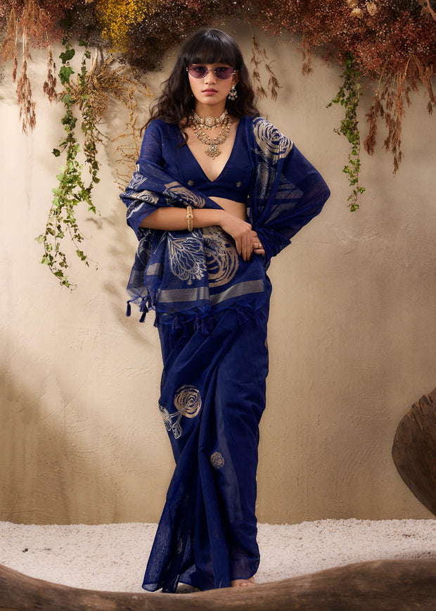 Deep Blue Woven Soft Silk Saree