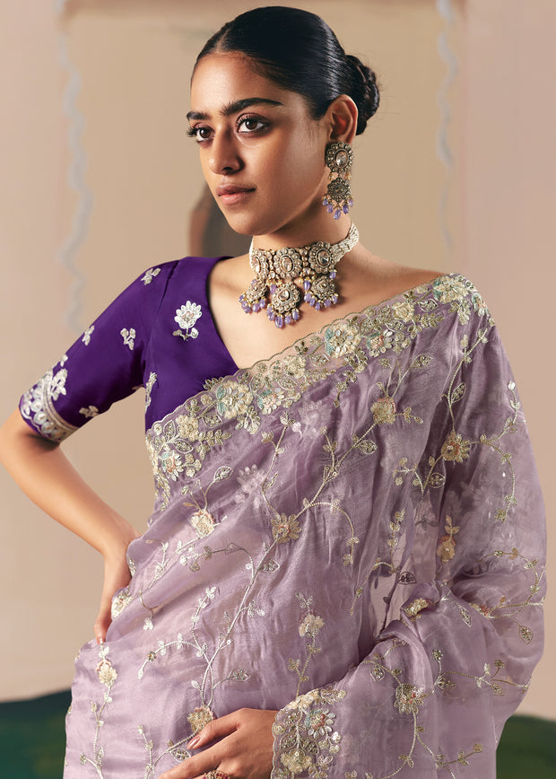 Blazing Lavender Embroidered Designer Saree