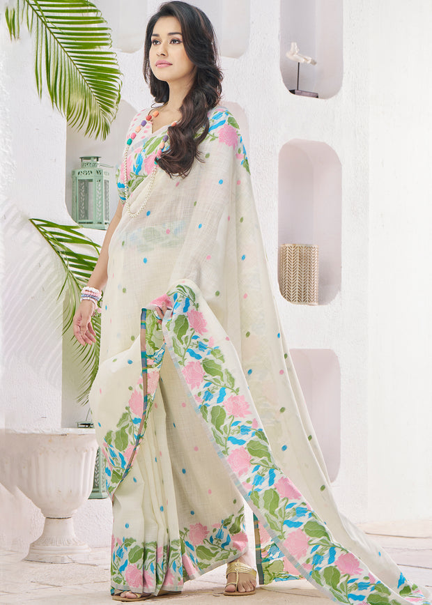 Marshmallow White Woven Linen Silk Saree