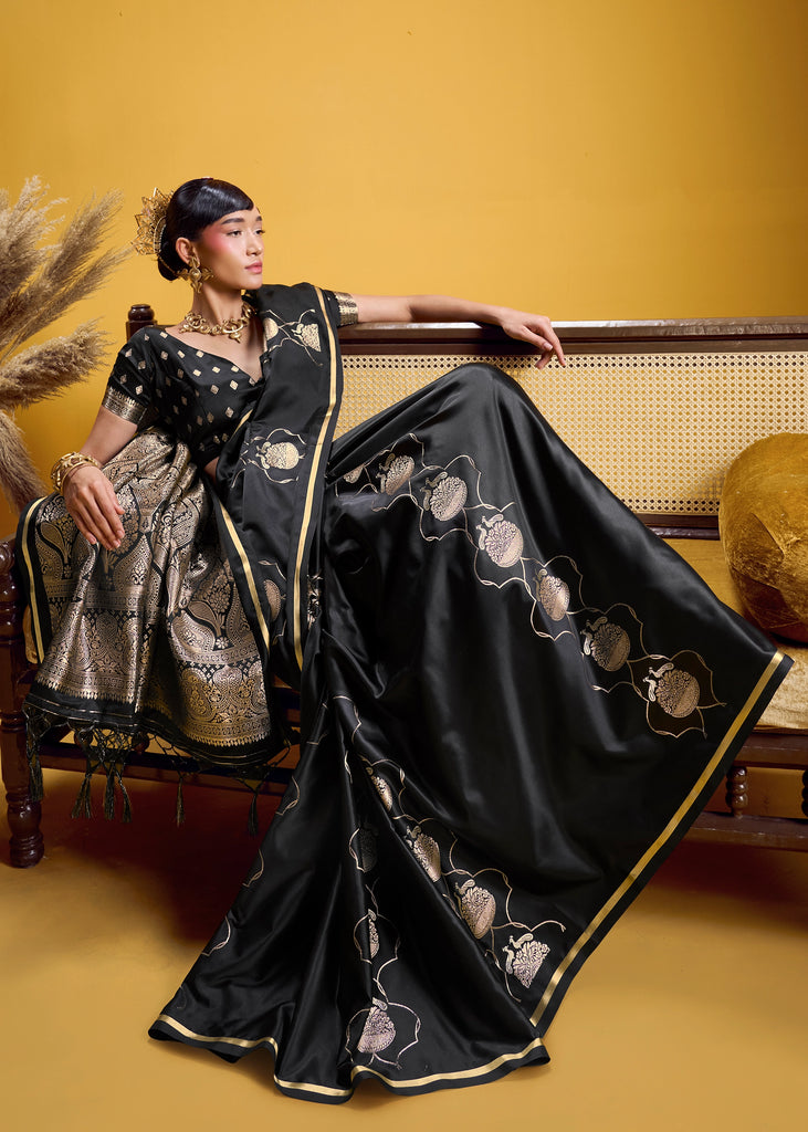 Pirate Black Banarasi Satin Silk Saree
