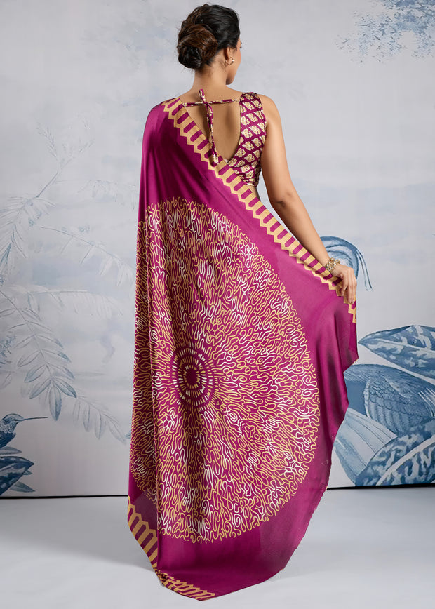 Fuchsia Purple Satin Silk Saree with Ajrakh Printed Pallu and Blouse