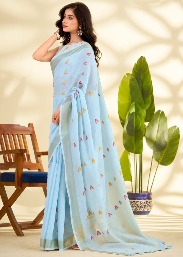 Sky Blue Woven Linen Silk Saree