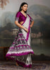 Plum Purple And White Printed Satin Silk Saree