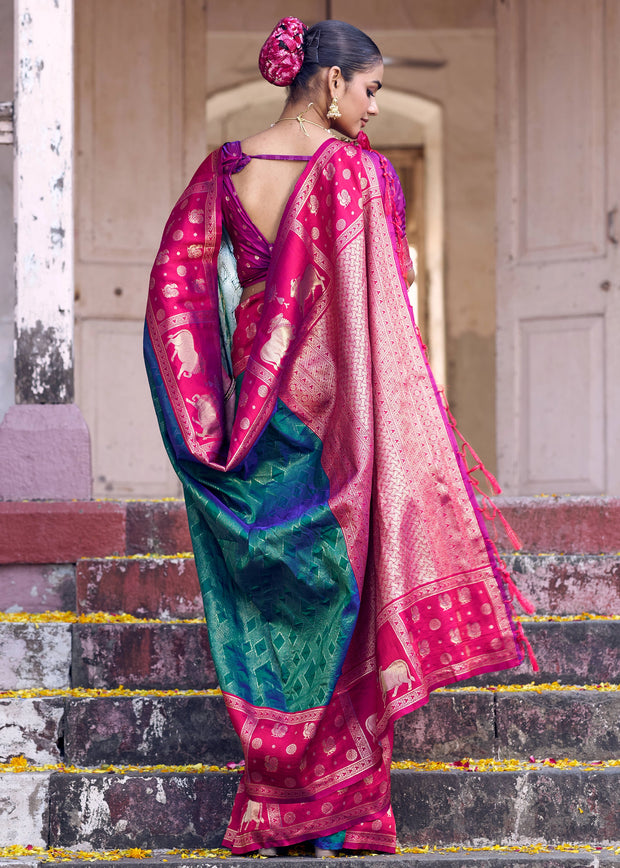Blue And Pink Woven Banarasi Silk Saree