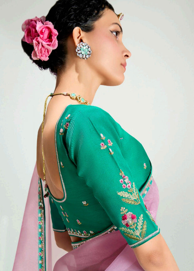 Aqua Green Ombre Designer Tissue Saree With Embroidered Blouse