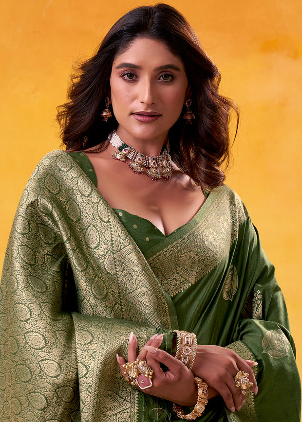 Mehndi Green Woven Tusser Silk Saree