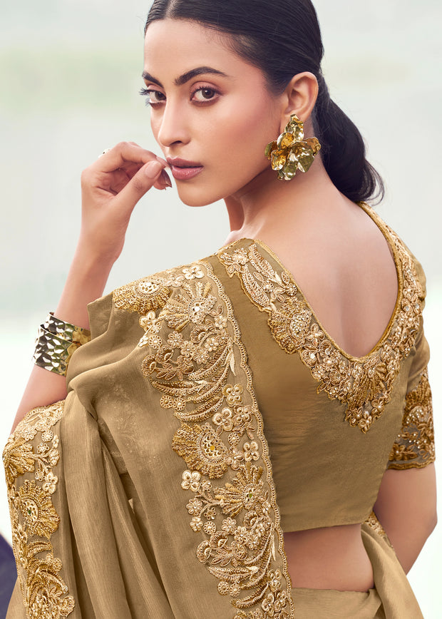 Almond Brown Woven Embroidered Soft Silk Saree