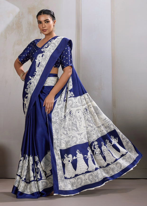 True Blue Printed Satin Silk Saree