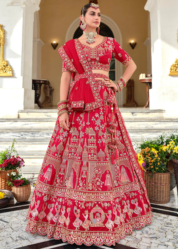 Royal Red Embroidered Silk Bridal Lehenga With Double Dupatta