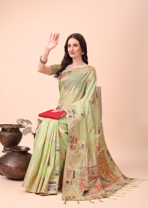 Pista Green Woven Linen Cotton Silk Saree