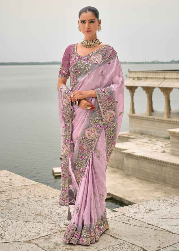 Lavender purple luxury embroidered silk saree with heavy embellishments