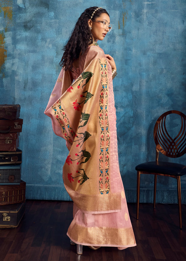 Pink Woven Paithani Tissue Silk Saree