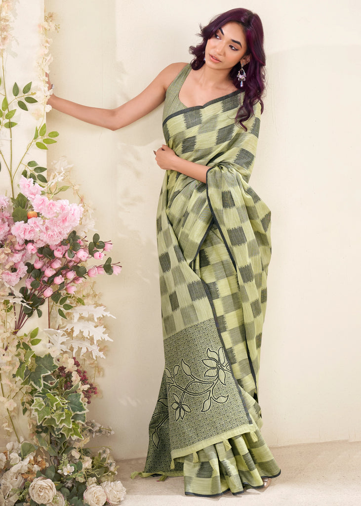 Pistachio Green Woven Linen Silk Saree