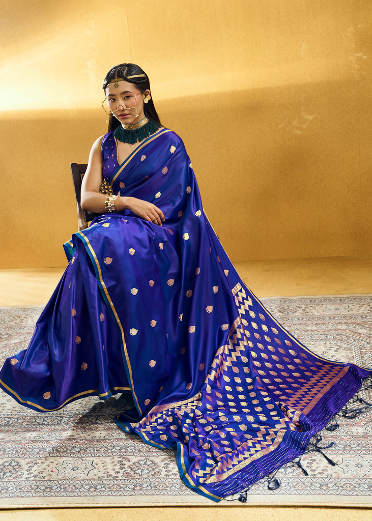 Indigo Blue Woven Banarasi Satin Silk Saree
