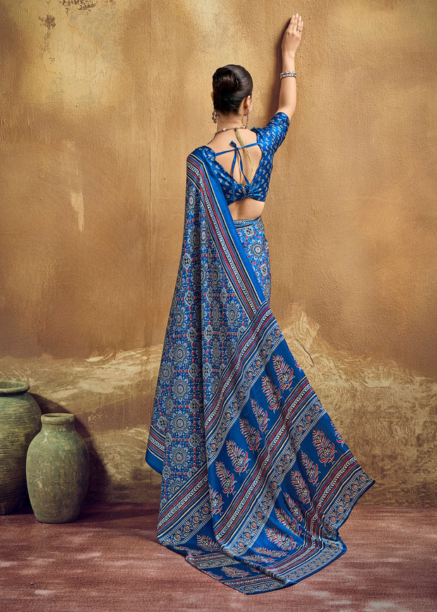 Parisian Blue Printed Satin Silk Saree