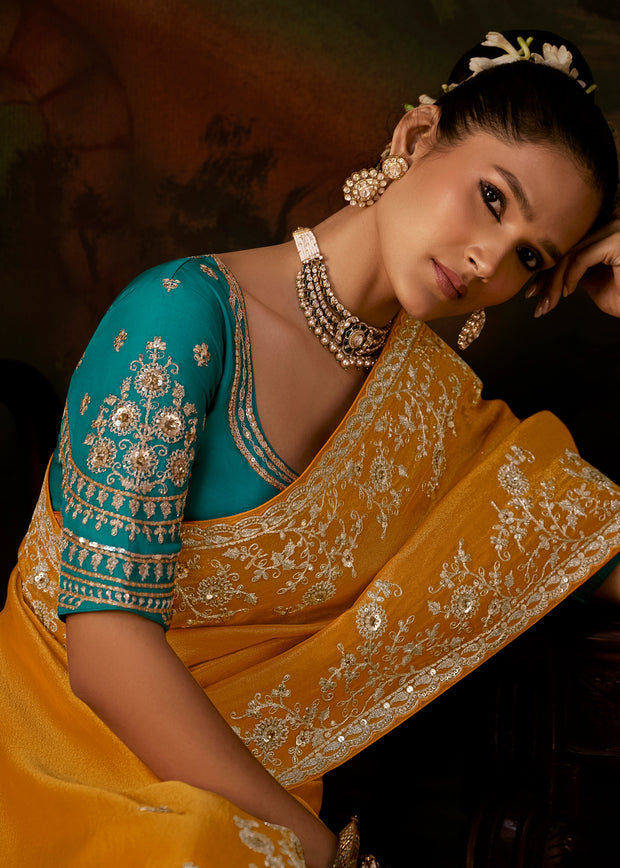 Mustard Yellow Embroidered Tissue Saree