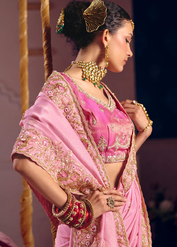 Blush Pink Embroidered Tissue Designer Saree