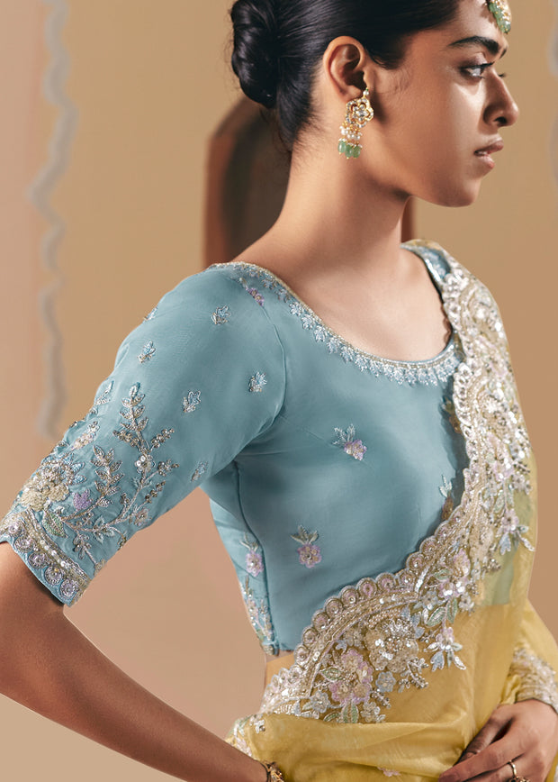 Pastel Yellow Embroidered Designer Saree