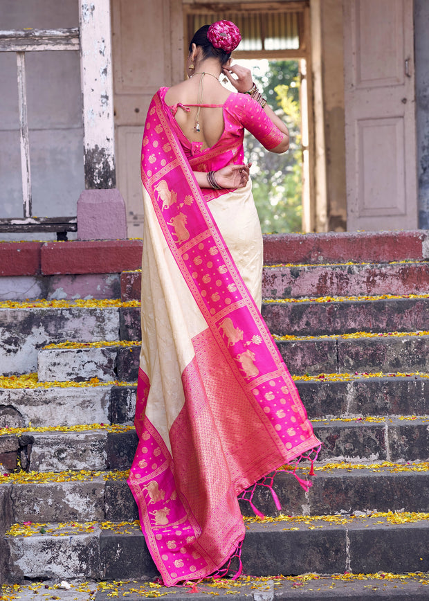 White And Pink Woven Banarasi Silk Saree