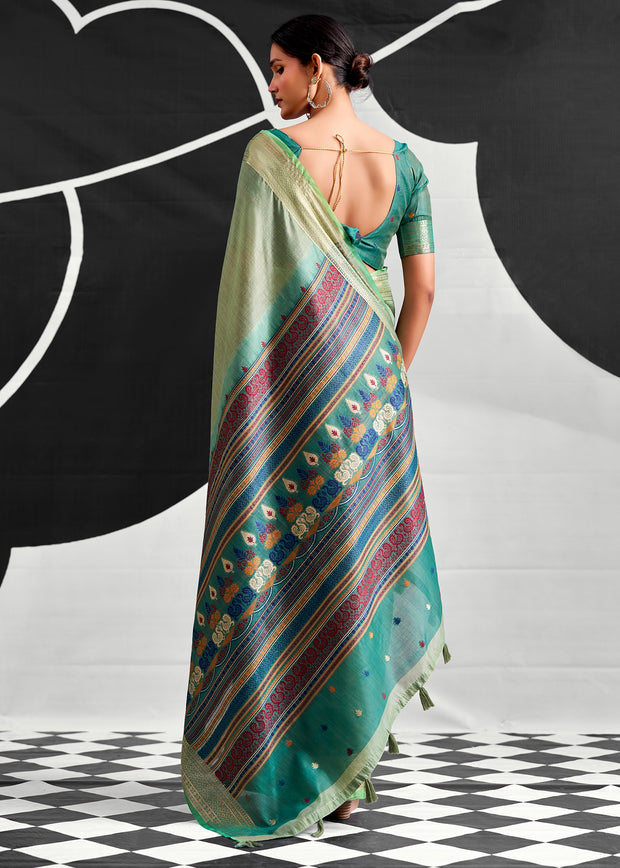 Mist Green Woven Linen Cotton Silk Saree