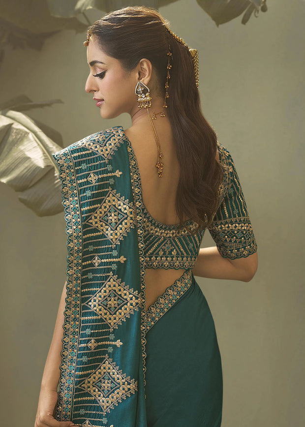 “Exclusive Offer” : Tropical Green Woven Embroidered Silk Saree
