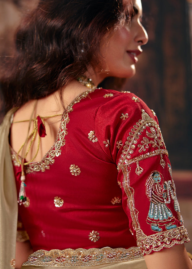 Beige Designer Organza Saree With Embroidered Blouse