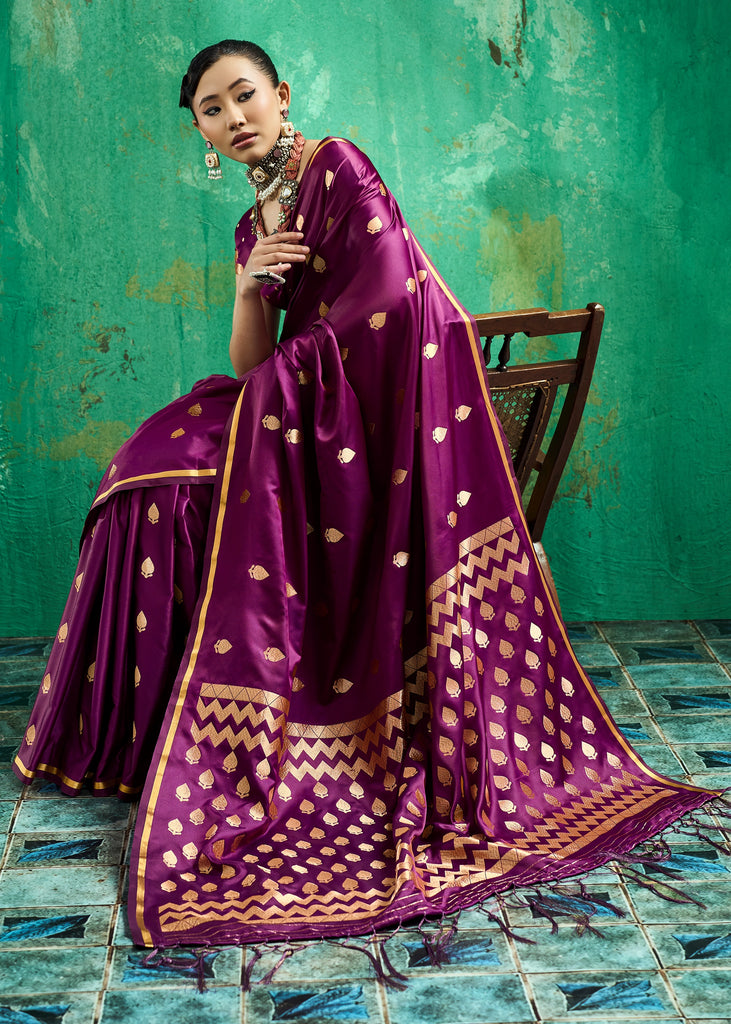 Plum Purple Woven Banarasi Satin Silk Saree