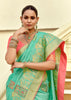 Aqua Green Woven Banarasi Designer Silk Saree With Contrast Blouse