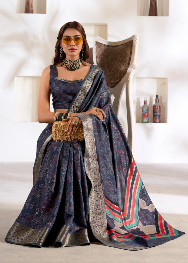 Midnight Blue Banarasi Printed Soft Silk Saree