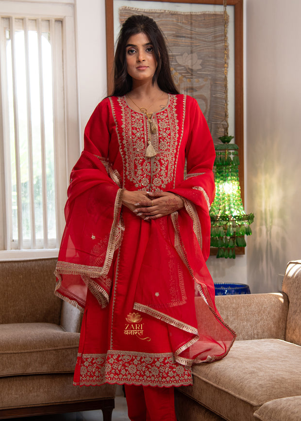 Vermillion Red Gold Detail Embroidered Suit (10702889058497)