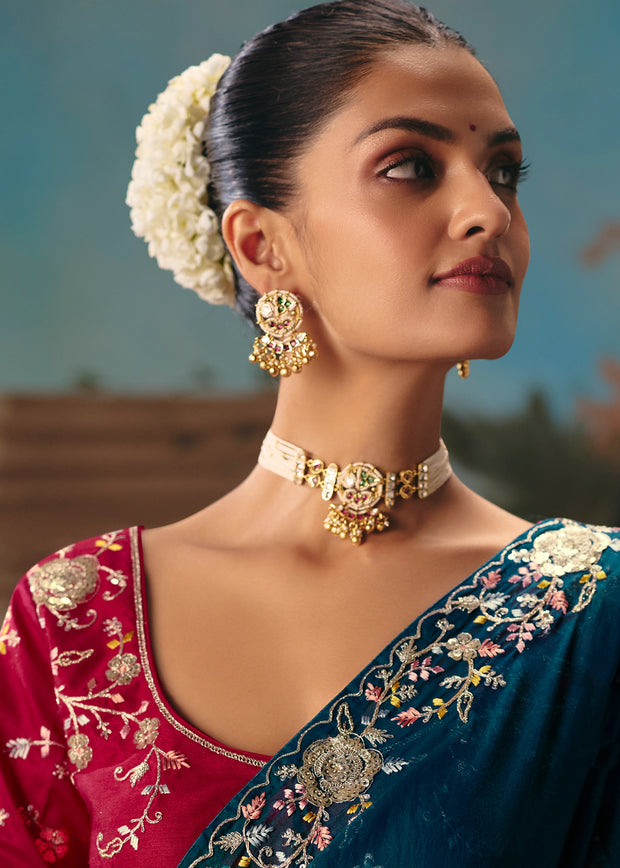 Coral Blue Embroidered Designer Saree
