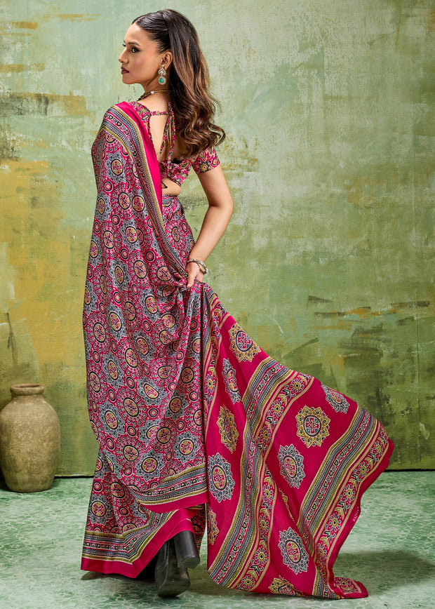 Fuchsia Pink Printed Satin Silk Saree