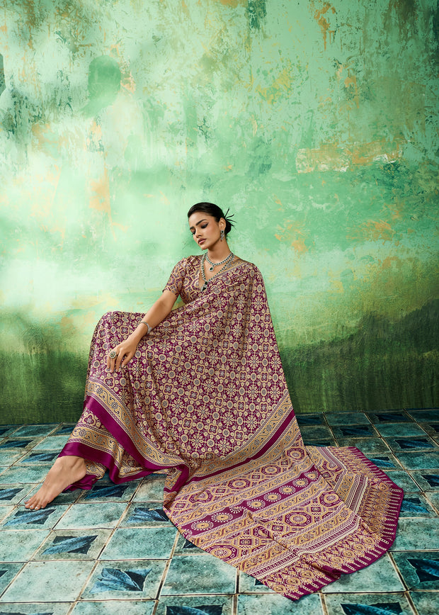 Purple Printed Satin Silk Saree