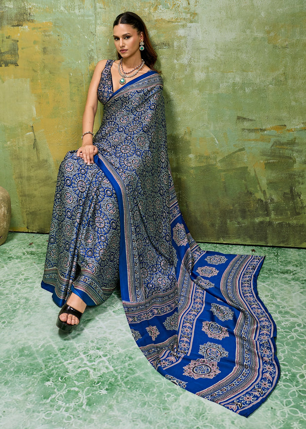 Indigo Blue Printed Satin Silk Saree