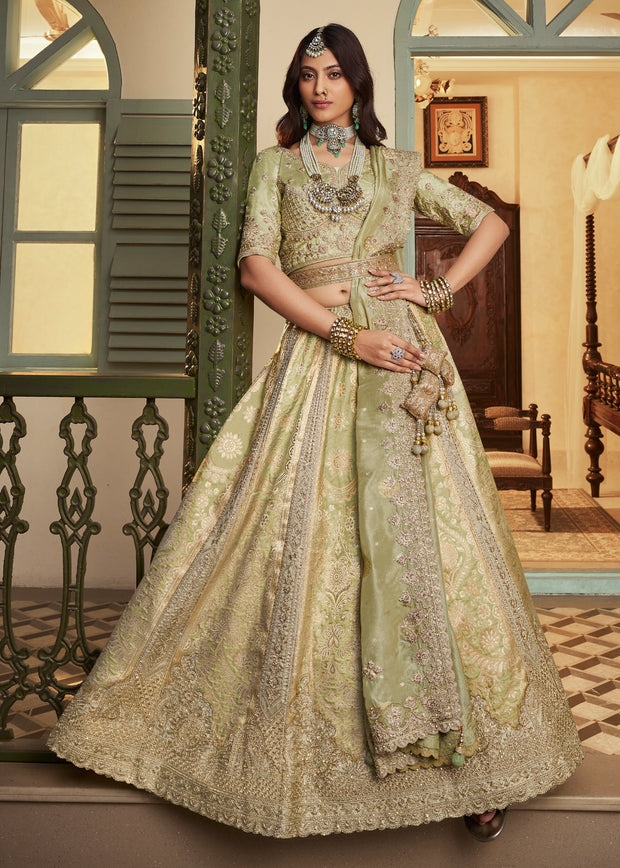 Pista Green Banarasi Designer Lehenga