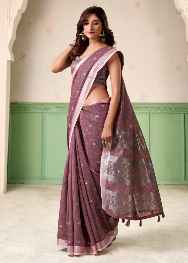 Mauve Purple Woven Linen Silk Saree