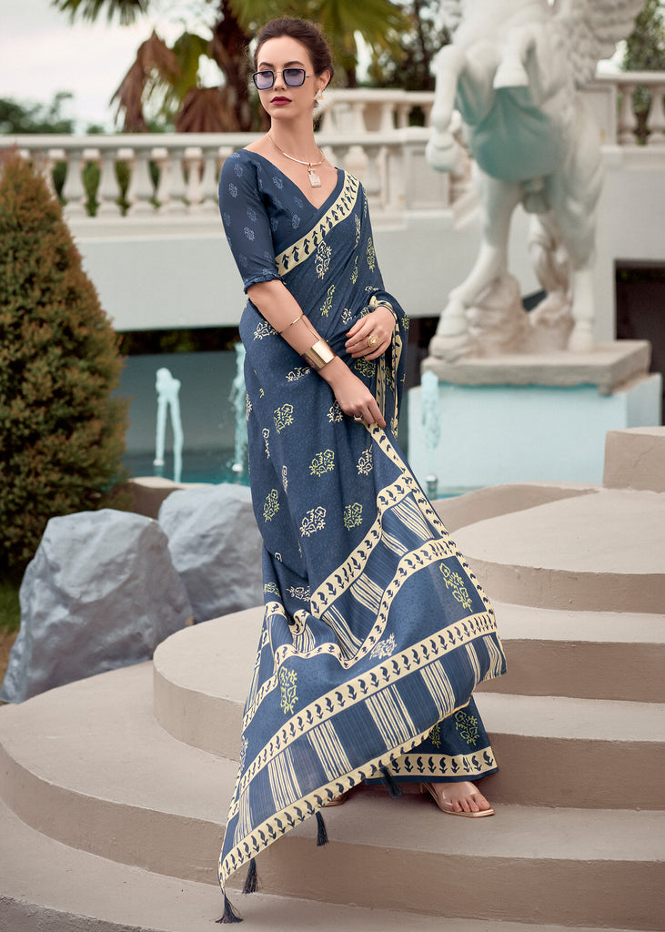 Fedral Blue Printed Cotton Silk Saree