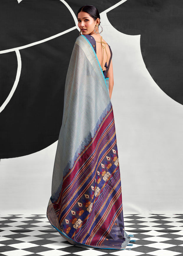 Aquatic Blue Woven Linen Cotton Silk Saree