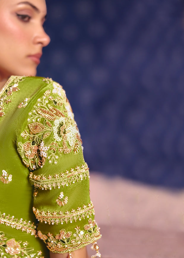 Pistachio Green Embroidered Tissue Designer Saree