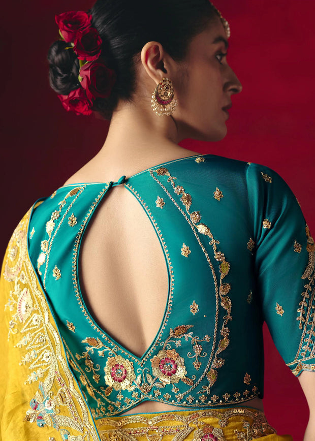 Bright Yellow Designer Embroidered Saree