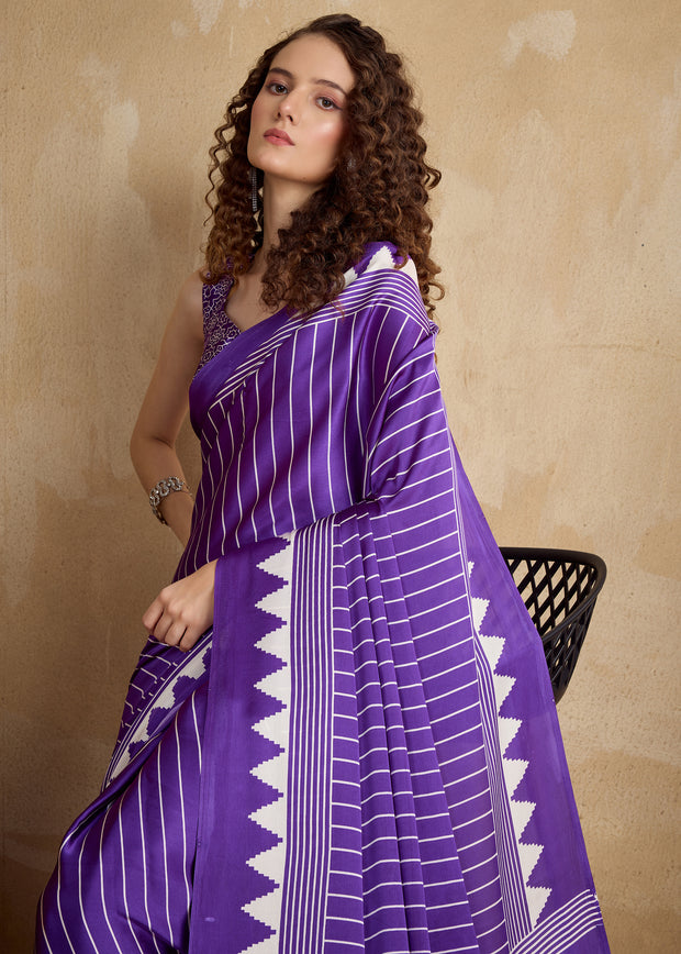 Rich Purple Printed Satin Silk Saree