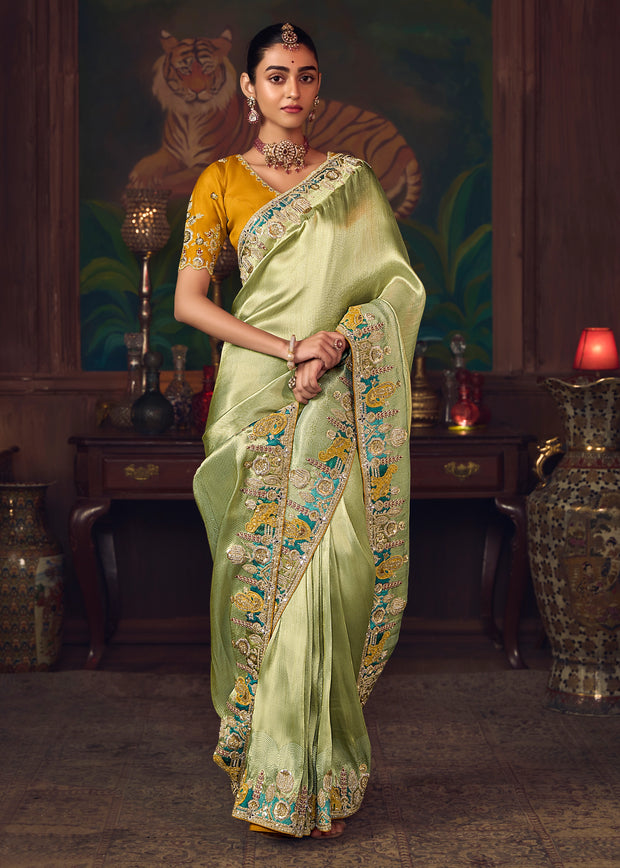 Pista Green Designer Embroidered Saree