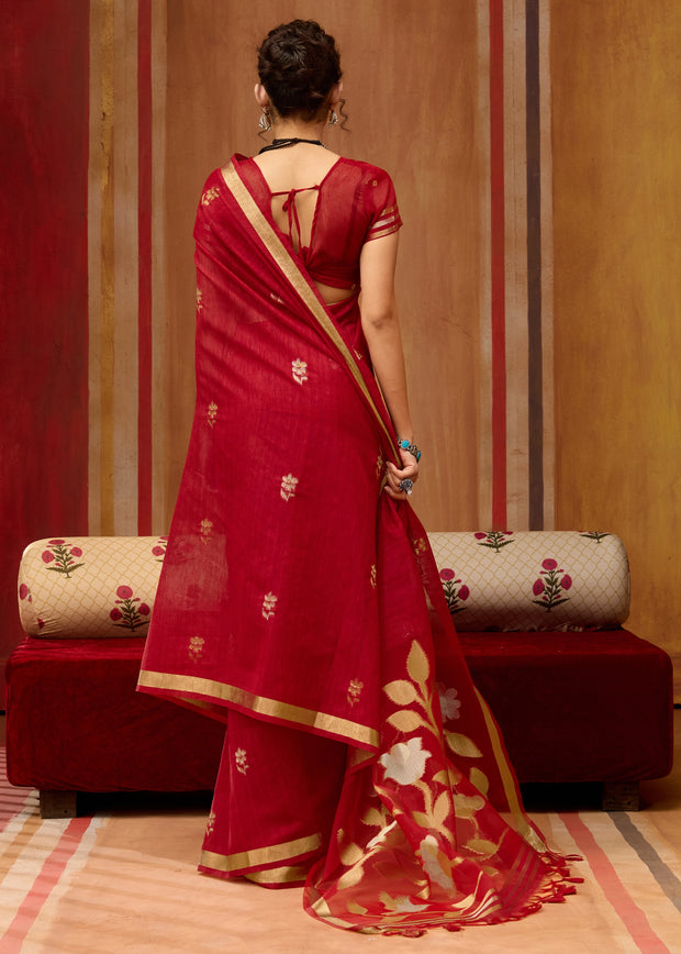 Cherry Red Woven Cotton Silk Saree