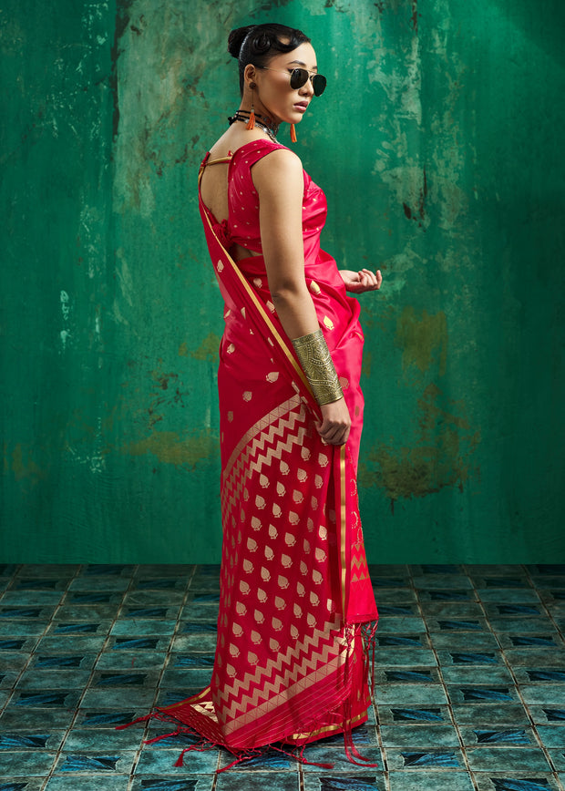 Bright Red Woven Banarasi Satin Silk Saree