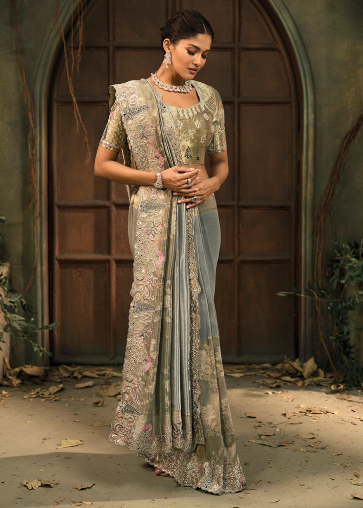 Rich Grey Designer Embroidered Silk Saree