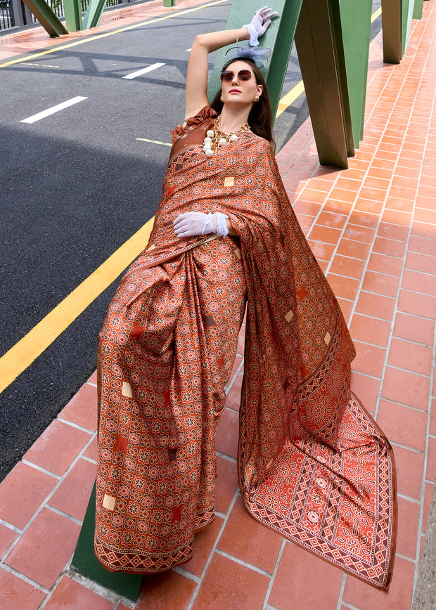 Caramel Brown Satin Crepe Digital Printed Saga Saree With Contrast Blouse