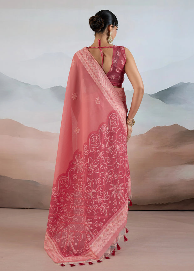 Flamingo Pink Woven Cotton Saree