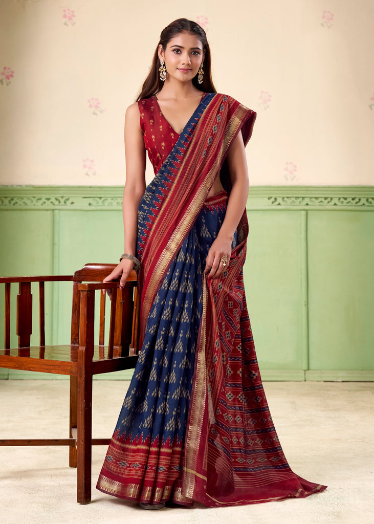 Medieval Blue Patola Printed Cotton Silk Saree